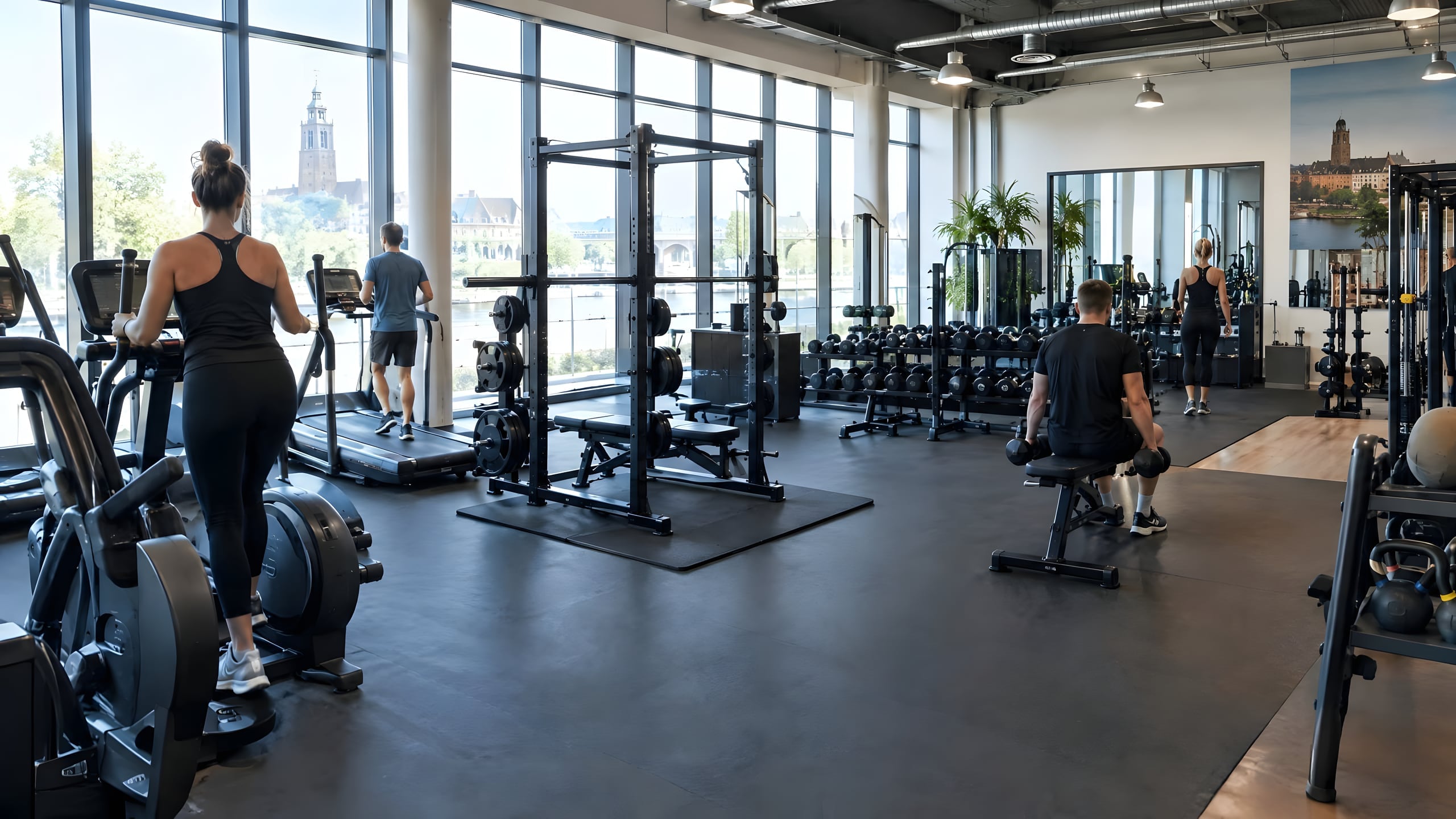 Ruime sportvloer met krachtrek, halters en cardioapparatuur, met hoge ramen die uitkijken over een rivier